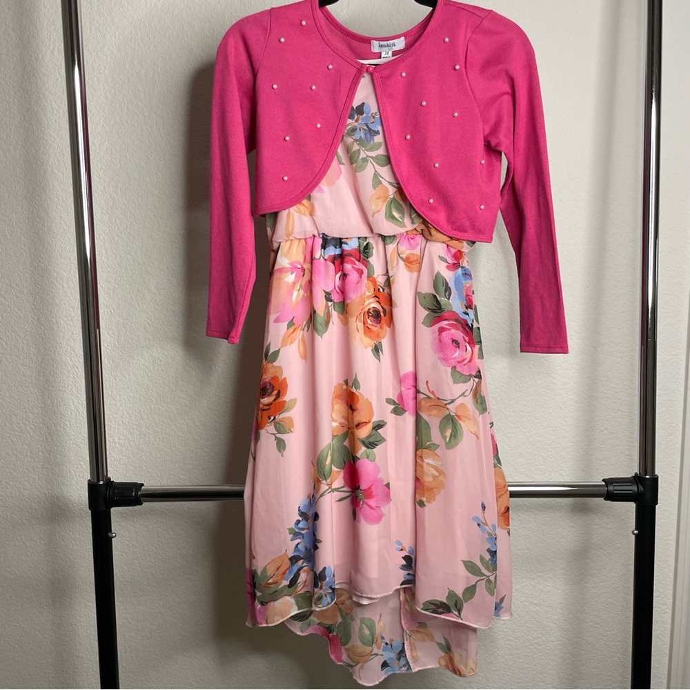 SPEECHLESS Floral Pink Kids Dress with Cardigan